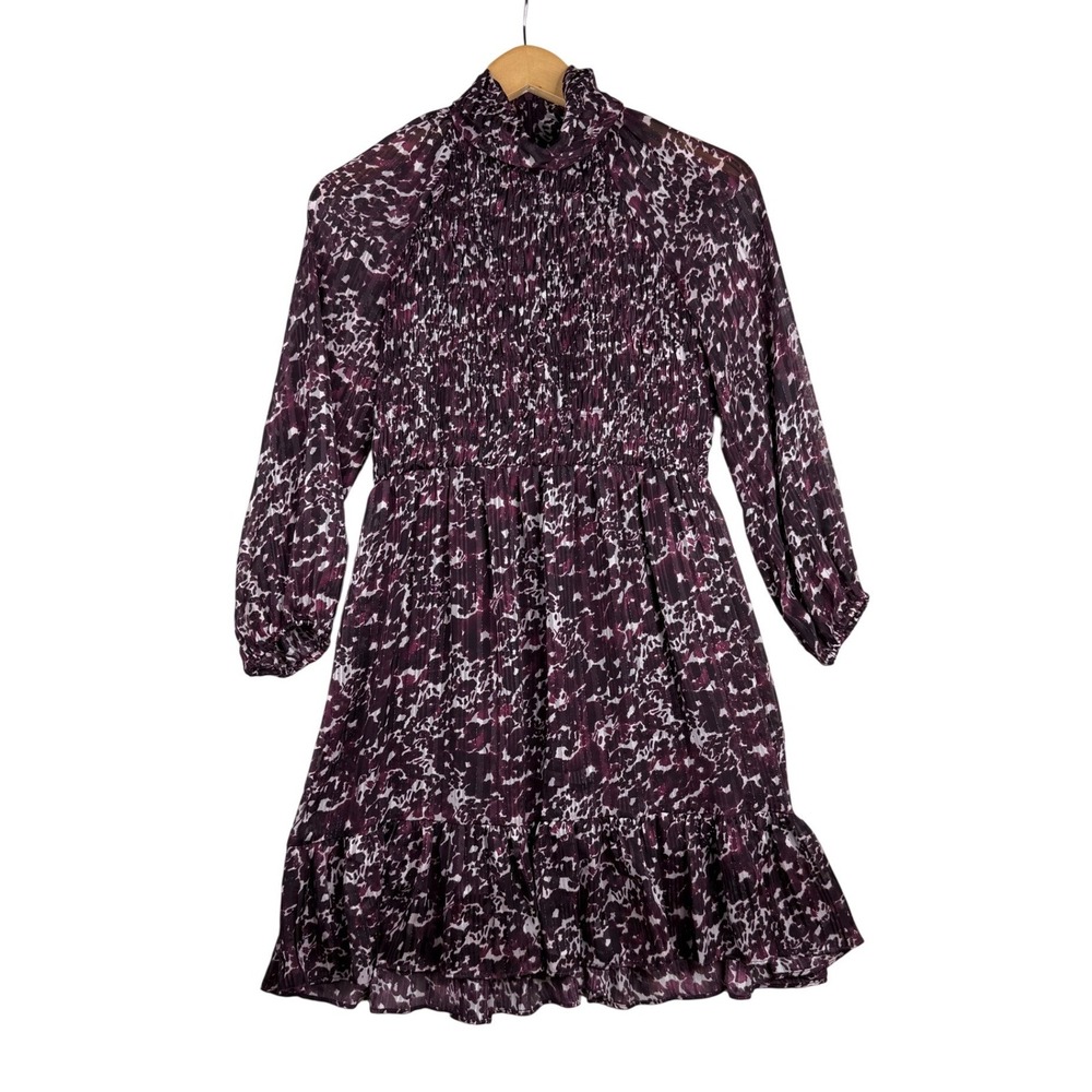 Taylor Floral Smocked Mock Neck Long Sleeve Mini Dress size 4 Petite Purple